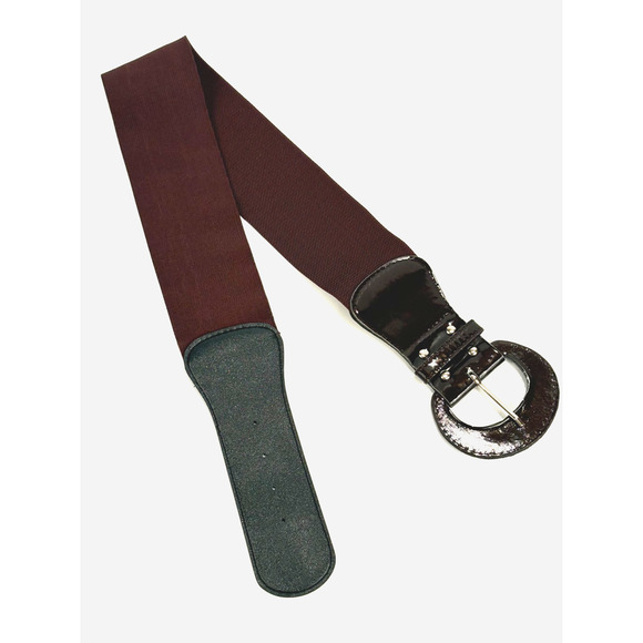 Vintage 80s 90s Elastic Wide Cinch Belt Brown Buckle Stretch Retro Statement - Picture 1 of 7